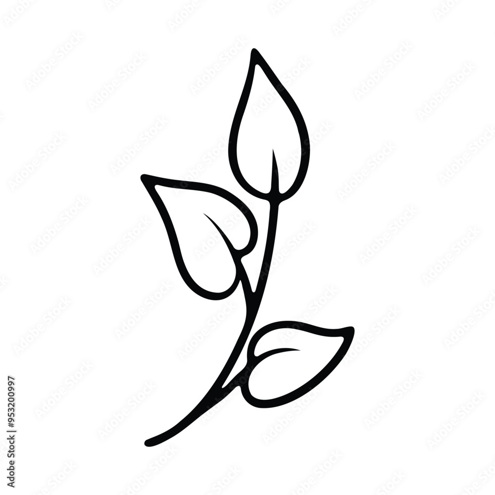 A minimalistic black and white line drawing of a plant with several leaves. A minimalistic black and white line drawing of a plant with several leaves.