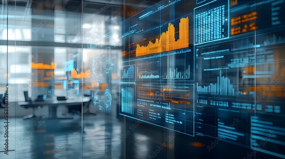 Digital Data and Graphs Display in Modern Office Digital Data and Graphs Display in Modern Office