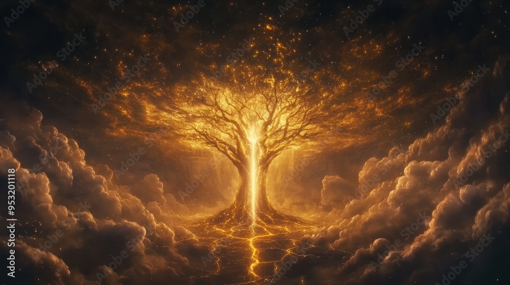Obraz premium Golden Tree of Light in the Sky Celestial Landscape Fantasy Art
