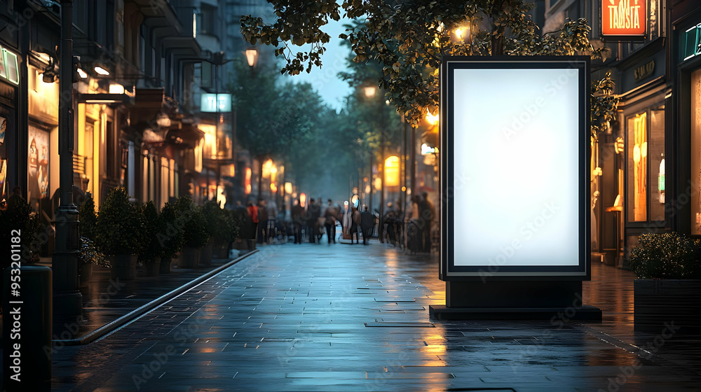 A blank billboard stands on a wet city street at night. A blank billboard stands on a wet city street at night.