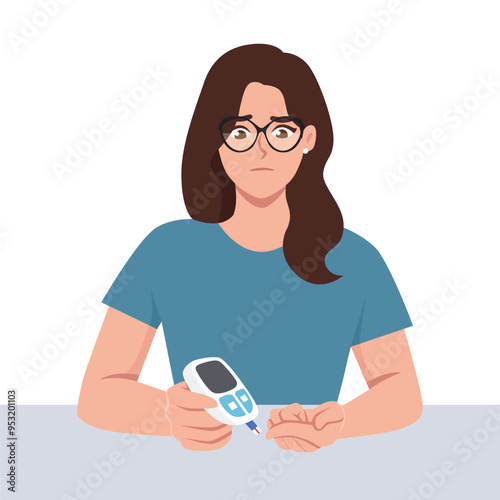 Young woman sitting and using digital glaucometer at home with finger for blood state control. Flat vector character illustration