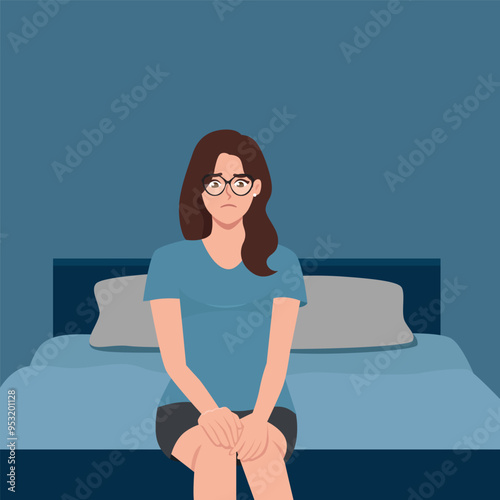 Stressed woman suffering from insomnia is sitting in bed. Flat vector character illustration