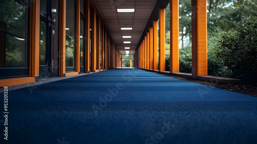 A blue carpeted hallway wit...