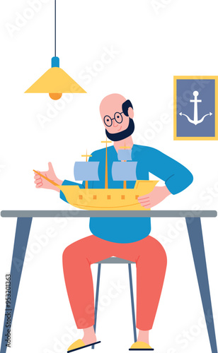 Man building ship model. Creative hobby concept