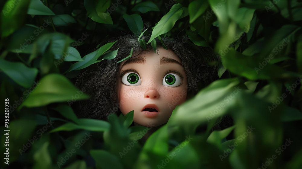 A captivating wide shot of a lightskinned girl with wavy dark blonde hair, wideeyed in wonder as she enters a vibrant jungle. A captivating wide shot of a lightskinned girl with wavy dark blonde hair, wideeyed in wonder as she enters a vibrant jungle.