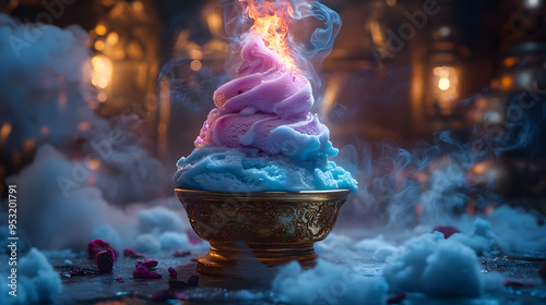 A bowl of blue and pink ice...