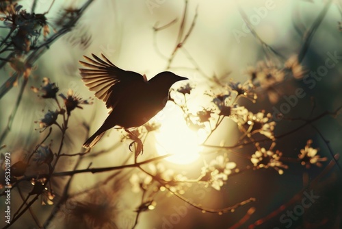 A bird sits comfortably on a branch, basking in the warm sunlight