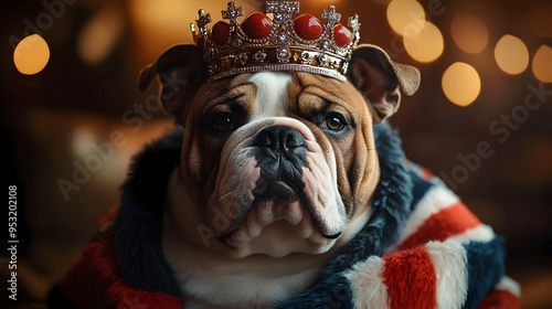 A Bulldog wearing a crown a...