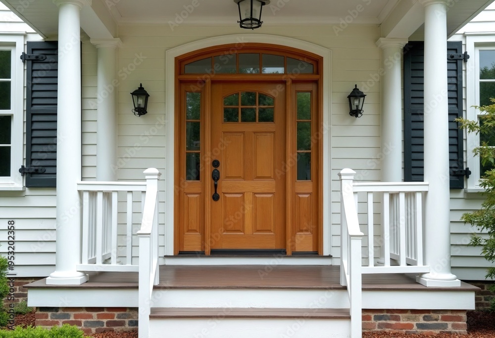 Main entrance door in house. Wooden front door with gabled porch and landing. Exterior of georgian style home cottage with columns Main entrance door in house. Wooden front door with gabled porch and landing. Exterior of georgian style home cottage with columns
