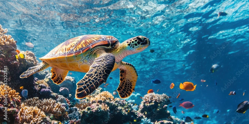 Fototapeta premium Sea Turtle Swimming Through Coral Reef with Tropical Fish