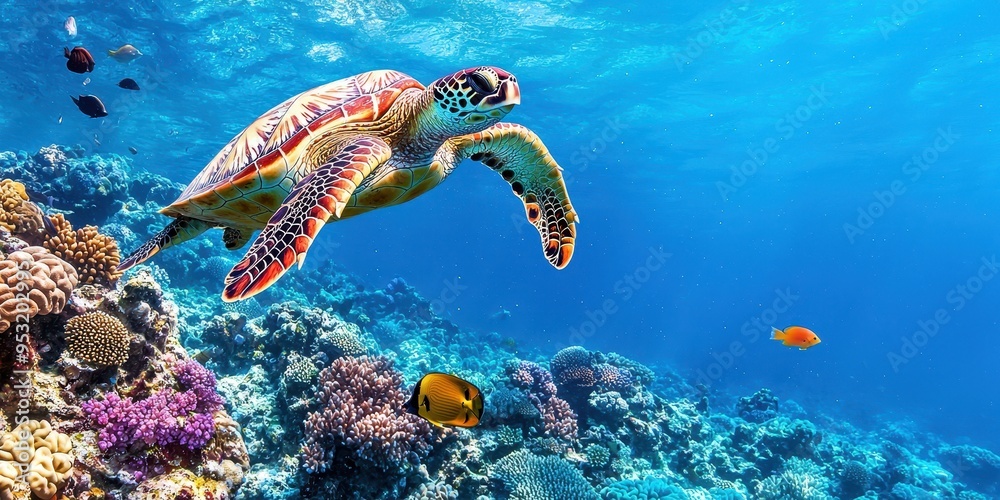 Fototapeta premium Sea Turtle Swimming Over Coral Reef in Tropical Ocean