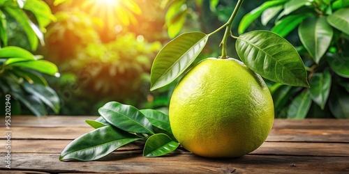 A vibrant, yellow-green Tahitian pomelo, with slightly orange undertones, sits on a rustic wooden table, surrounded by lush green leaves and warm, natural lighting. photo