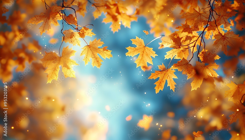 autumn leaves on blue sky. Closeup of tree branches with dried up maple leaves looking up to the sky for autumn fall concept. Forest preservation and ecology concept. Clean air