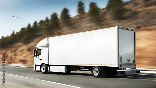 Large Freight Truck Traveling Through a Scenic Landscape.