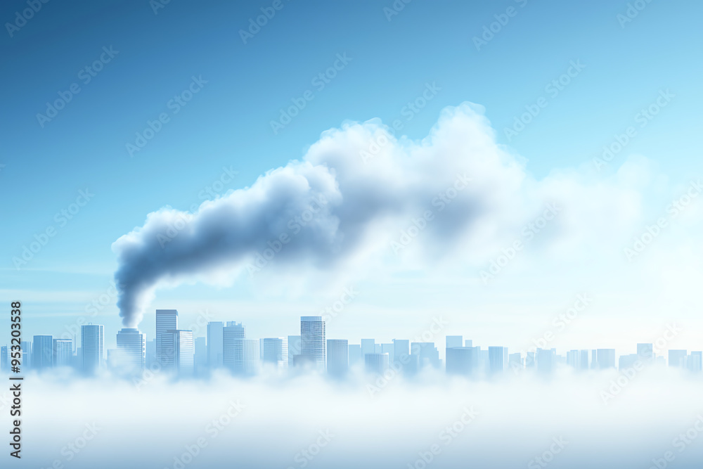 Fototapeta premium A city skyline partially obscured by thick smoke and fog, illustrating the effects of pollution and urbanization on the environment.