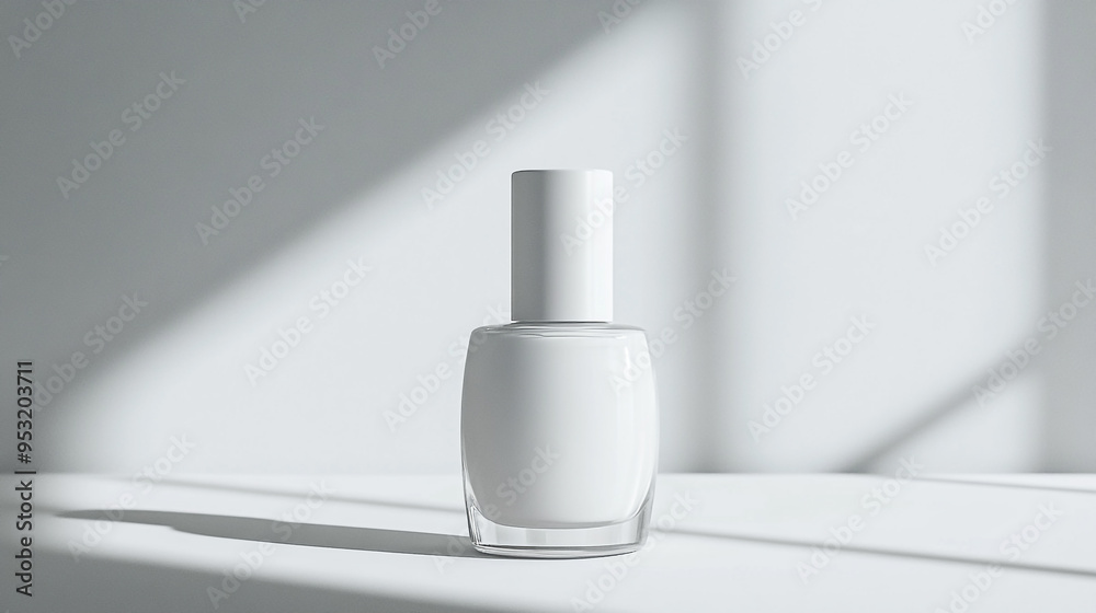 A sleek white nail polish bottle sitting on a bright table under soft sunlight in an indoor setting A sleek white nail polish bottle sitting on a bright table under soft sunlight in an indoor setting