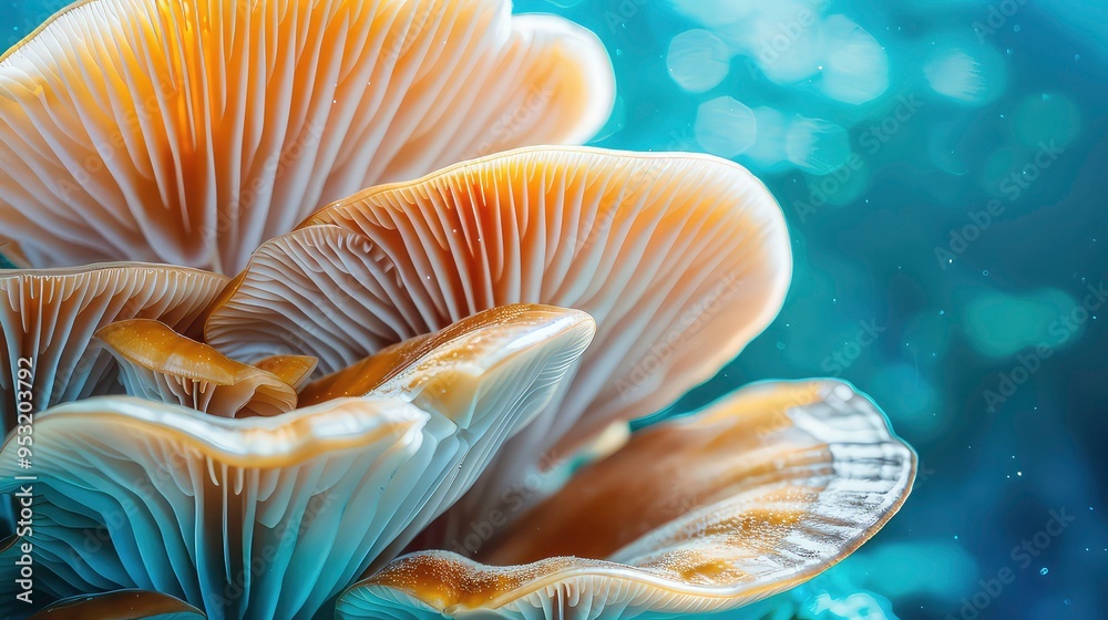 A close-up of a cluster of mushrooms with a blue and white bokeh background. A close-up of a cluster of mushrooms with a blue and white bokeh background.