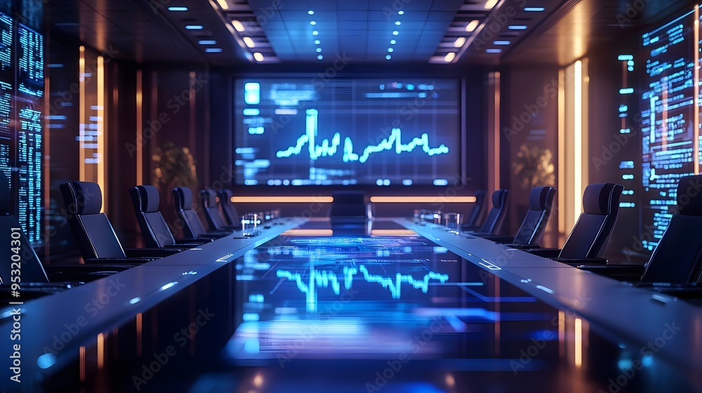 Futuristic Boardroom Meeting With Blue Neon Lights Futuristic Boardroom Meeting With Blue Neon Lights