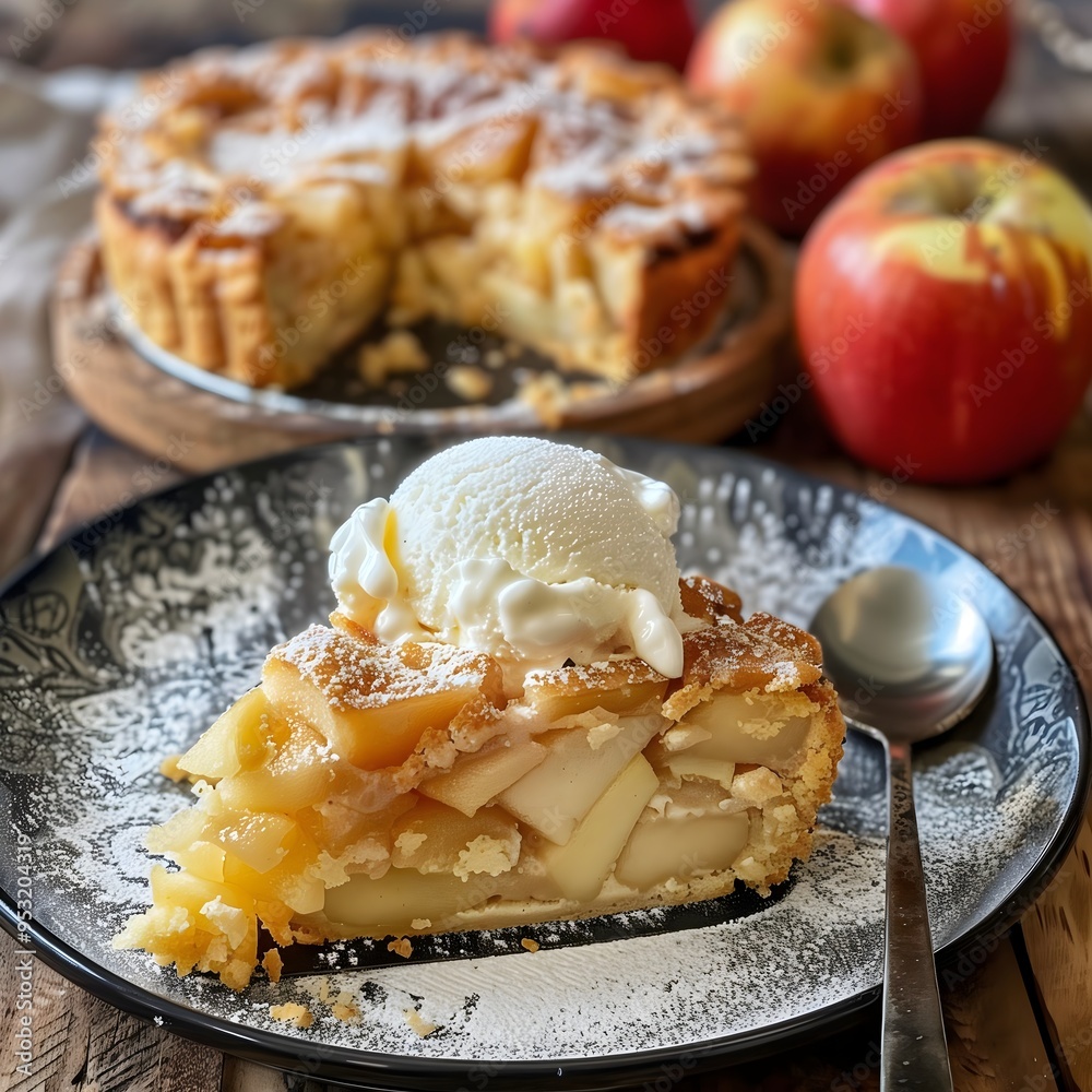 Traditional Polish apple cake with vanilla ice cream Traditional Polish apple cake with vanilla ice cream