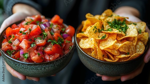 the decision between lunch or snack options, healthy diet, food decisions, hands holding bowl of chips and fresh cherry tomatoes