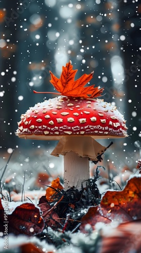 a fantastic fly agaric with a maple leaf on the hat, a snowy forest, a mysterious light, fall and winter banner