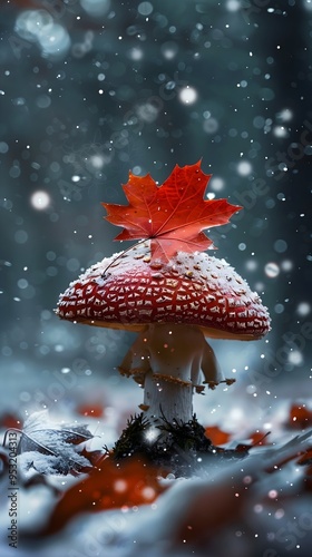a fantastic fly agaric with a maple leaf on the hat, a snowy forest, a mysterious light, fall and winter banner