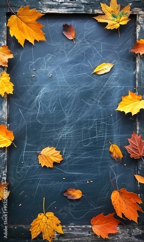 a school green blackboard with autumn yellow orange leaves lie on it, back to school, fall
