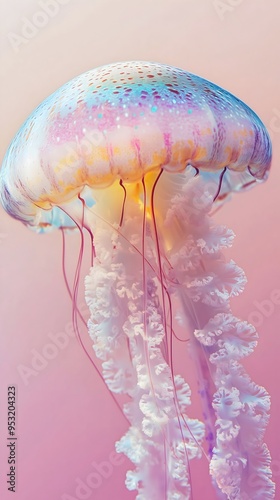an iridescent pastel rainbow jellyfish on a basic pink background