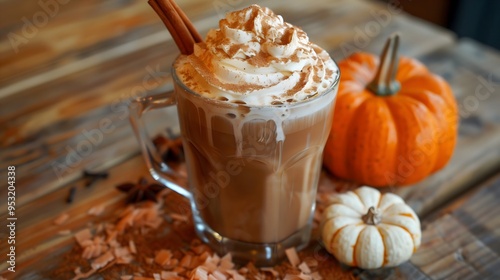 Pumpkin spice latte with whipped cream on top and a cinnamon stick, fall banner, morning
