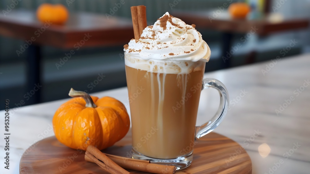 Pumpkin spice latte with whipped cream on top and a cinnamon stick, fall banner, morning Pumpkin spice latte with whipped cream on top and a cinnamon stick, fall banner, morning