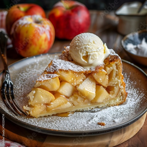 Traditional Polish apple cake with vanilla ice cream