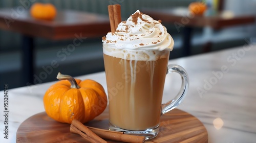 Pumpkin spice latte with whipped cream on top and a cinnamon stick, fall banner, morning