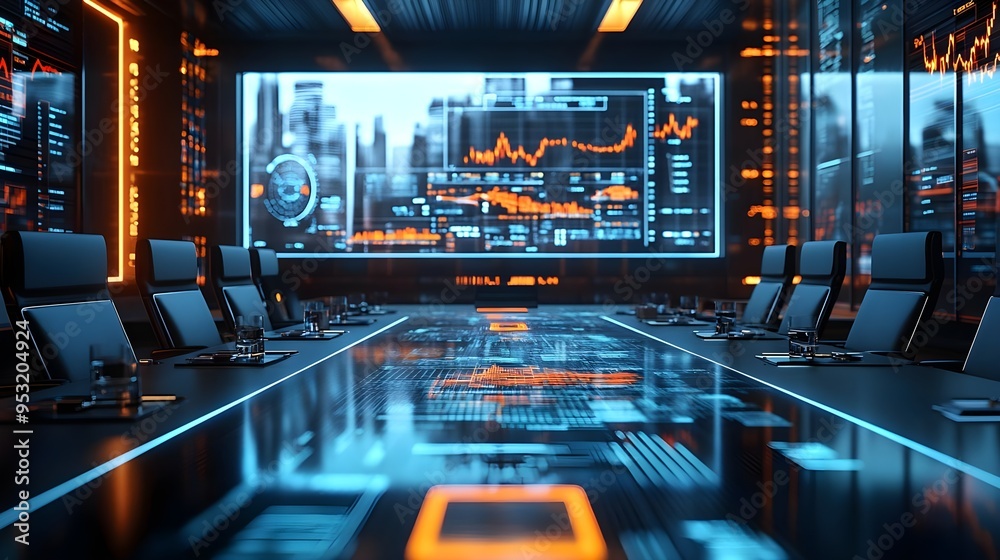 Futuristic Boardroom with Data Visualization Screens