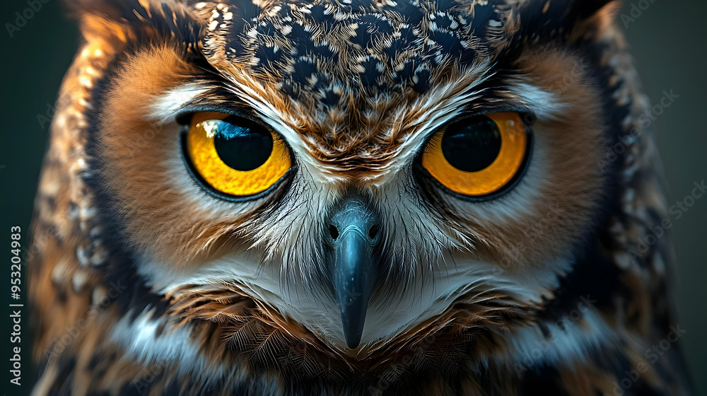 A close-up view of an owl's face, showing its piercing yellow eyes, sharp beak, and intricate feather patterns. A close-up view of an owl's face, showing its piercing yellow eyes, sharp beak, and intricate feather patterns.