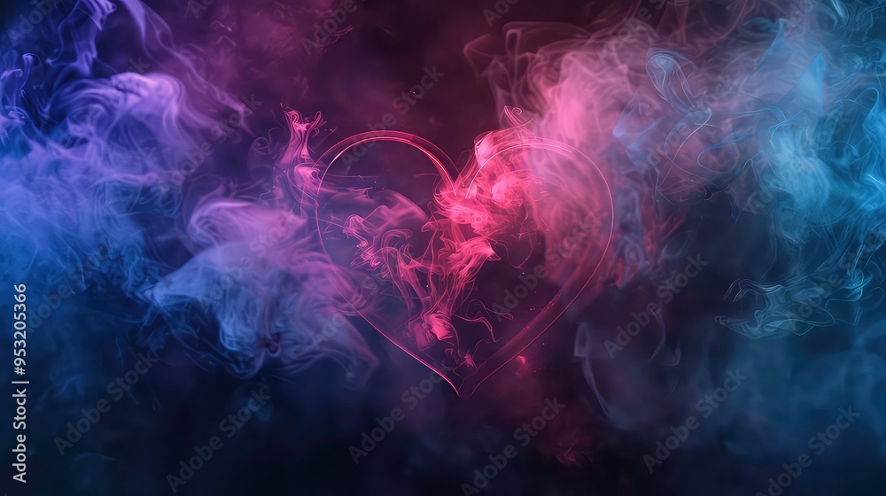 Abstract heart shape outlined in smoke with pink and purple smoke swirls on black background. Abstract heart shape outlined in smoke with pink and purple smoke swirls on black background.