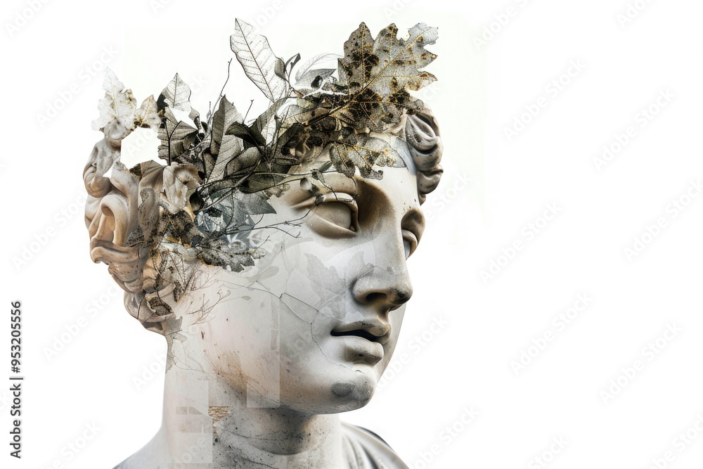 A close-up view of a statue with flowers placed on its head, making for a beautiful and unique scene A close-up view of a statue with flowers placed on its head, making for a beautiful and unique scene