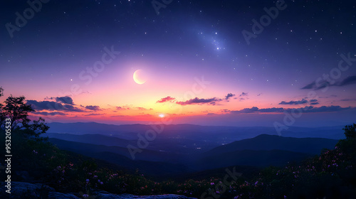 A crescent moon shines over...