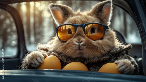 A cute bunny wearing sunglasses and a knitted sweater sits in the passenger seat of a car with easter eggs. photo