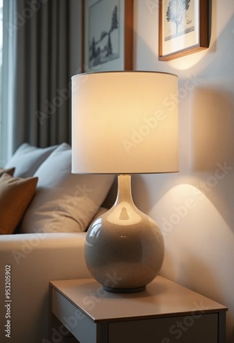 Close up of lamp on side table near sofa. Home interior design of modern living room