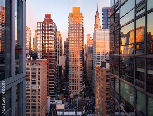A photo of modern buildings in downtown City, viewed from the window of an apartment building during golden hour lighting, with reflections on glass surfaces and skyscrapers