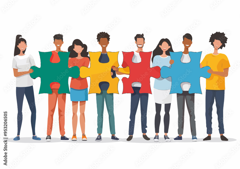 Obraz premium Diverse Team Collaborating to Solve Puzzle Concept of Teamwork and Problem Solving Minimalistic Vector Illustration
