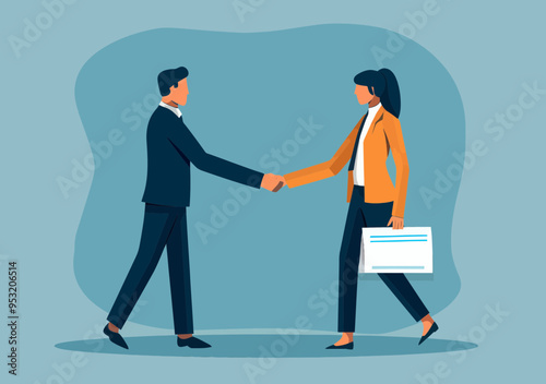 Business People Shaking Hands in Front of Contract, Minimalistic Vector Illustration, Agreement Concept in Professional Setting, Collaboration and Partnership in Business, Daytime Scene