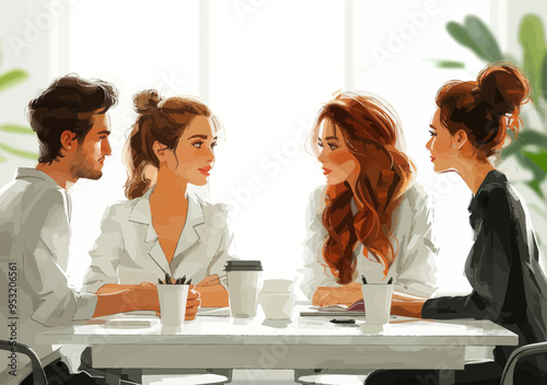 Colleagues in Team Discussion Around Table Daylight Minimalistic Vector Illustration