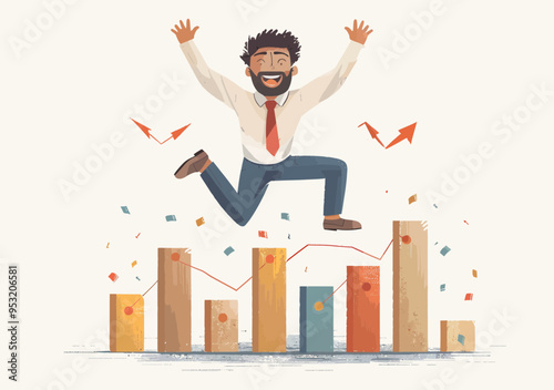 Manager Overcoming Business Challenges, Jumping Over Rising Chart in Minimalistic Style, Vector Illustration Depicting Growth, Success, and Positive Workplace Mindset
