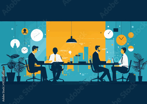 Business Team Discussion and Planning in Modern Office Setting with Minimalistic Vector Illustration for Strategy and Productivity