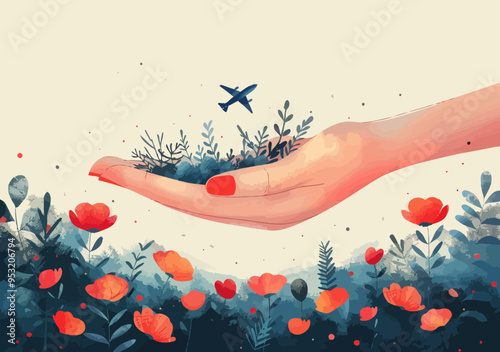 Manager's Hand Supporting Business Growth Concept with Aircraft Illustration in Floral Setting, Vector Art Representing Business Start-Up and New Beginnings