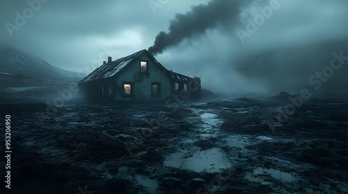 A dilapidated house with a ...