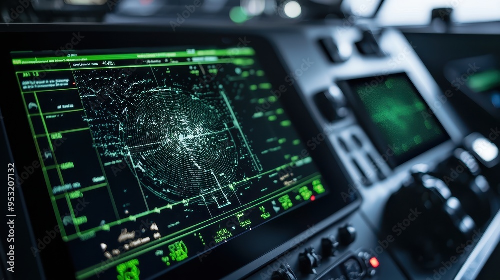 Green Radar Screen Display in Cockpit of Aircraft Green Radar Screen Display in Cockpit of Aircraft