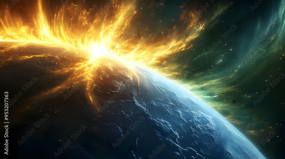 Obraz premium A fiery explosion erupts from a planet's surface, sending shockwaves through the cosmos.