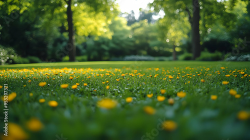 A field of yellow wildflowers in a grassy park, with out-of-focus trees in the background.